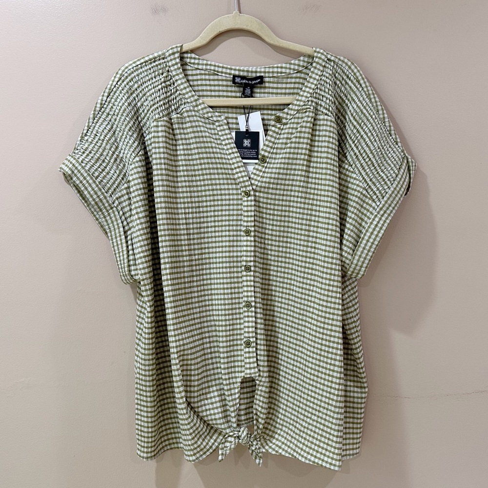 Cable & Gauge Gingham Tie Front Shirt Blouse Green White Smocked Sleeve Top 2X